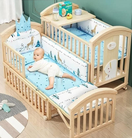 Pinewood Baby Bed Crib 15 in 1 Rocking Cot- with Mosquito Net & Adjustable Stand with Bedding Set and 1 Pack Mattress