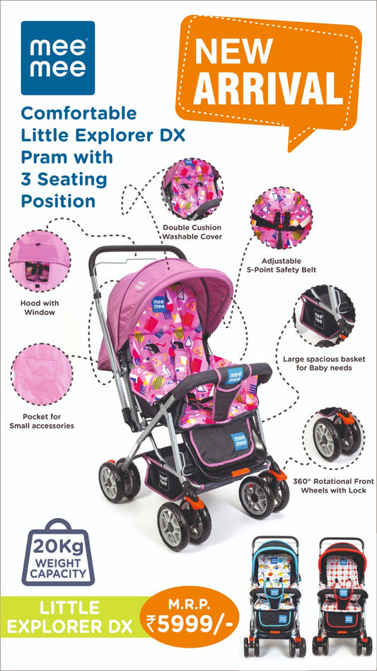 Mee Mee&nbsp;Little Explorer Baby Stroller / Pram for 0 to 3 Years, New Born / Kids, 5 Point Safety Harness, Adjustable backrest, 360 Swivel Wheel, Large storage basket, Reversible Handlebar Net (Modern, DX Purple)