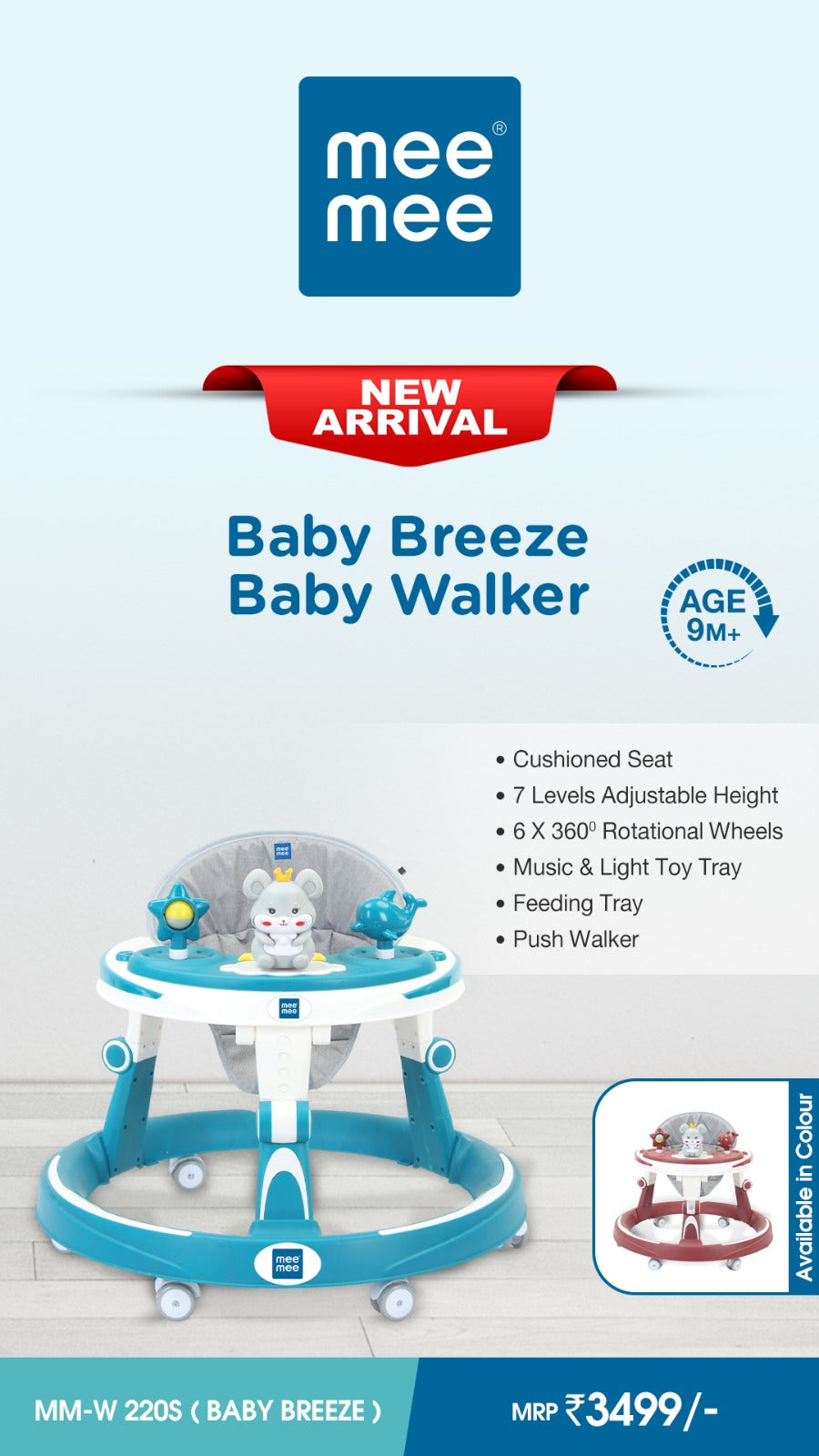Mee Mee Baby Walker with Adjustable Seat & Musical Play Tray – Comfort & Fun (Blue)